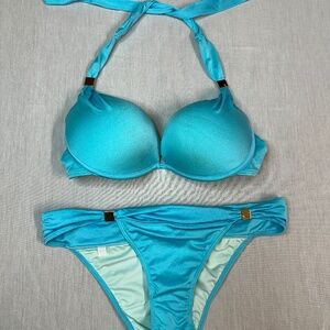 Victoria's Secret Blue Push Up Bikini The Hottie Cheeky Bottom sz LG Top sz 36D